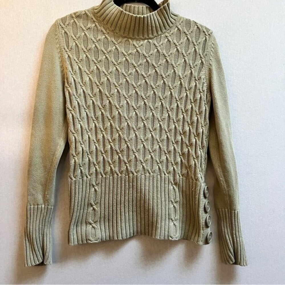 Tribal Cotton Cable Knit Mock Neck Button Trim Sweater Green M
